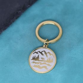 Fashion Medal Carved Mountain Charm Pendant Stainless Steel Key Ring (Color: Gold)