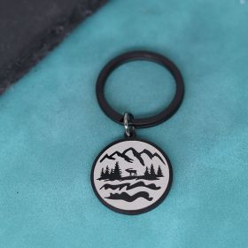 Fashion Medal Carved Mountain Charm Pendant Stainless Steel Key Ring (Color: Black)