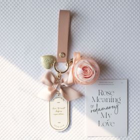 Preserved Flower Keychain Leather Bookmark Pendant (Option: Pink And White Champagne Rose)